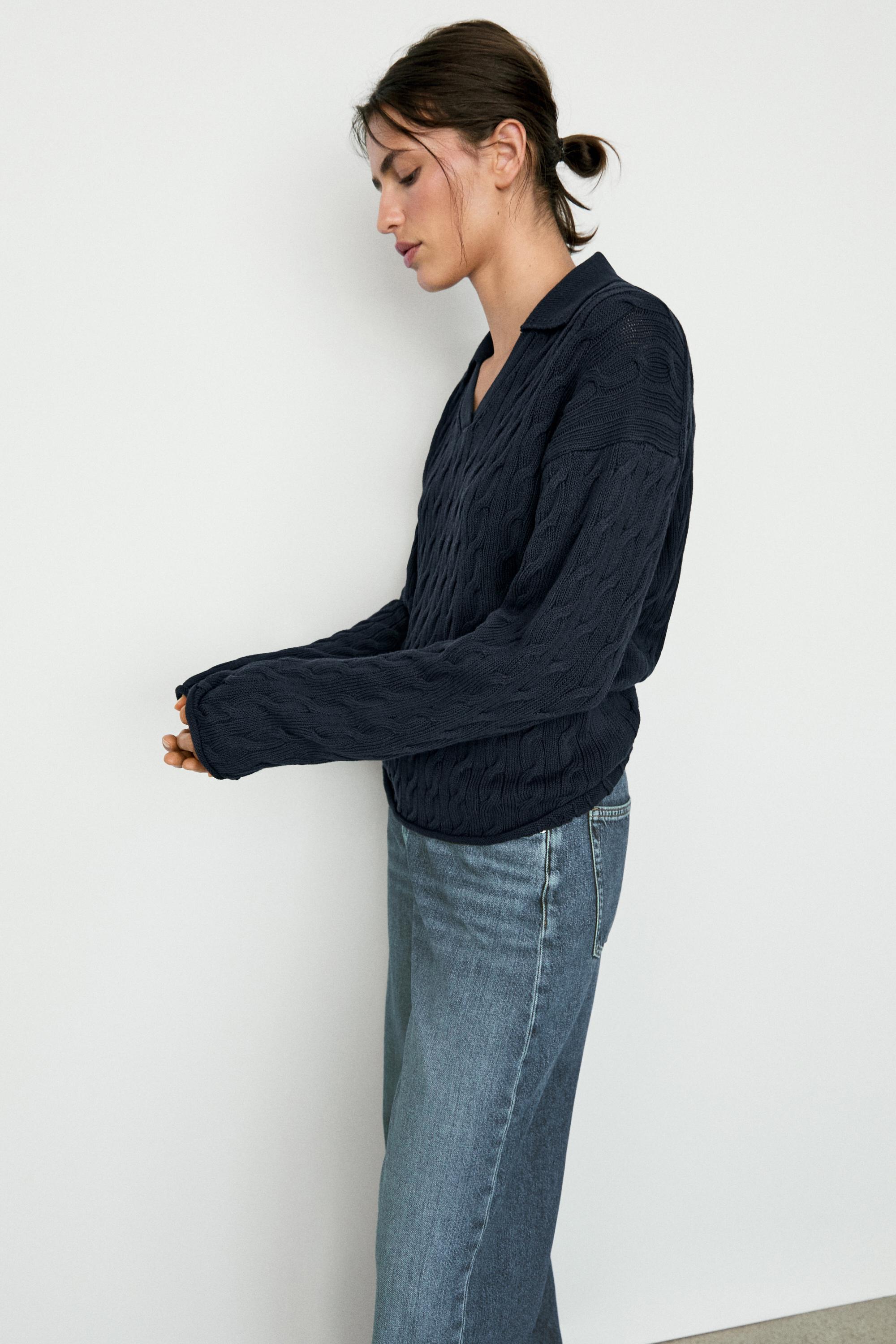 Cotton blend knit polo collar sweater